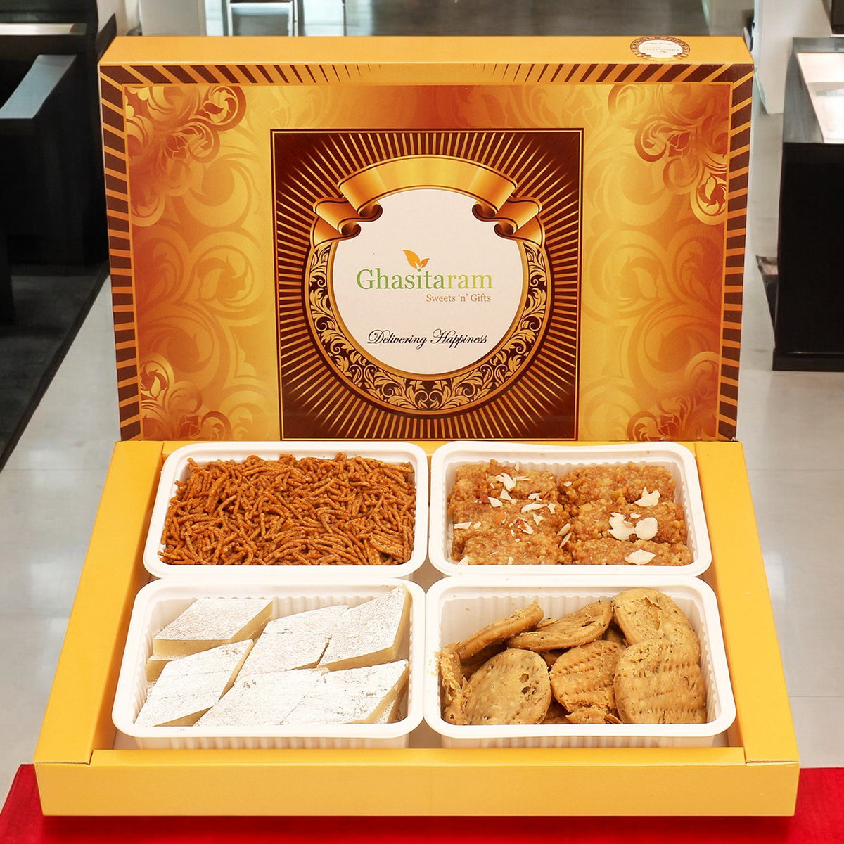 Mothers Day Sweets-Big Box of Kaju Katli, Soft Mysore Pak, Methi Mathi and Potato Palak Chips
