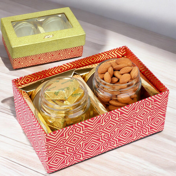 Bhaidhooj Gifts-Golden box with jars of Cashews and Almonds