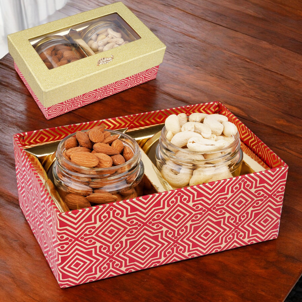 Diwali gift hampers-Golden box with jars of Cashews and Almonds