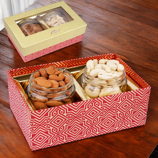 Bhaidhooj Gifts-Golden box with jars of Cashews and Almonds