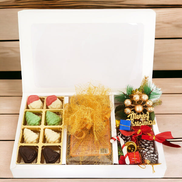 White Christmas Hamper Box Big with chocolates, plum cake,wreath and dacor