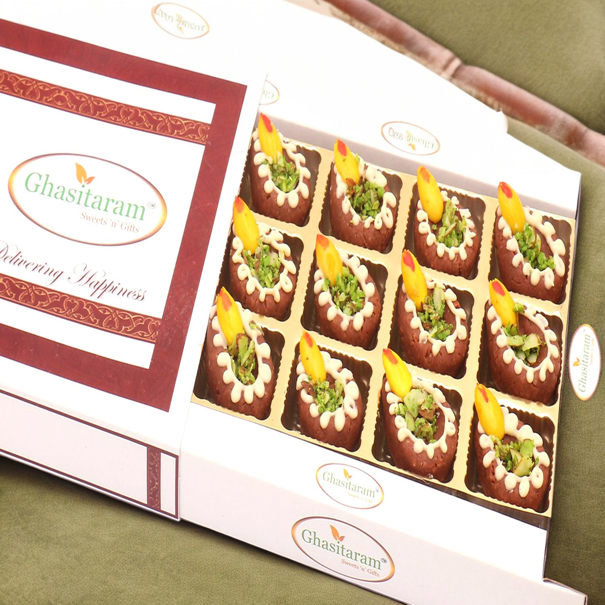 Best indian sweets for diwali-Diwali Gifts-Designer Mithai Diyas in White Box