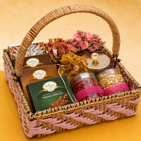 Corporate Gifts-Pink Rope Basket of 16 goodies of Sweets, Sugarfree Sweets/ Namkeen and Dryfruit