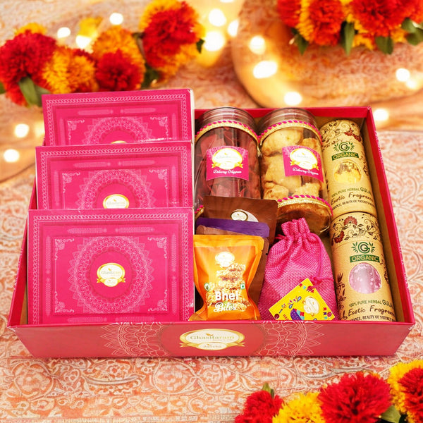 Holi Sweets| Holi Hampers| Holi Gifts-Big Pink Tray of Gujiyas, Nmakeen, Sweets/ Bites, Thandai and Organic Gulal