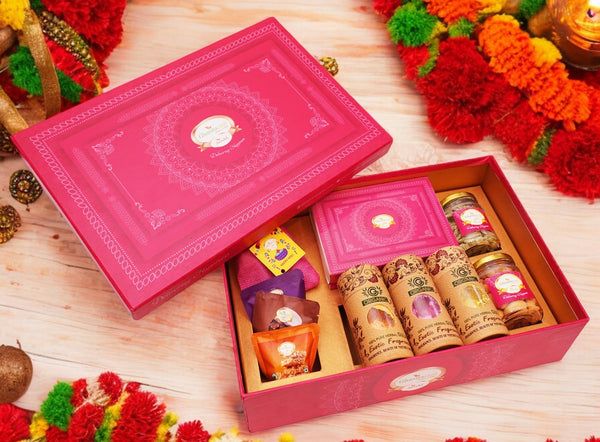 Holi Sweets| Holi Hampers| Holi Gifts-Big Pink Hamper Box of Gujiyas, Sweets/ Bites, Dryfruits, Thandai and Organic Gulal