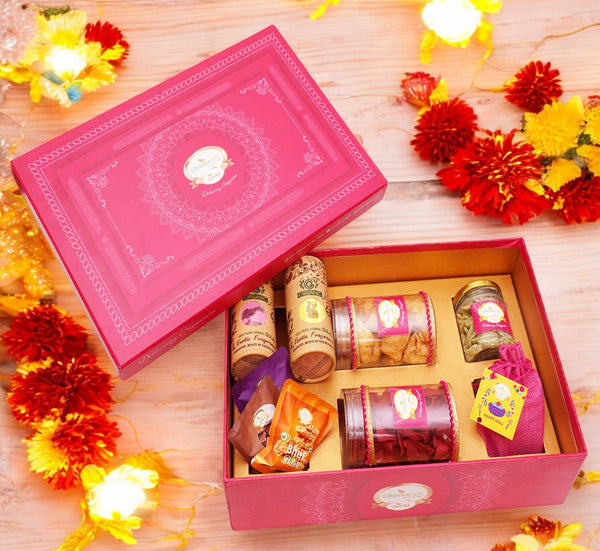 Holi Sweets| Holi Hampers| Holi Gifts-Big Pink Hamper Box of Gujiyas, Sweets/ Bites, Dryfruits, Thandai and Organic Gulal
