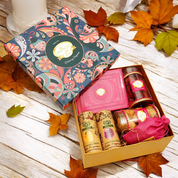 Holi Sweets| Holi Hampers| Holi Gifts-Ghasitaram Big Hamper Box of Gujiyas, Namkeens, Thandai and Organic Gulal