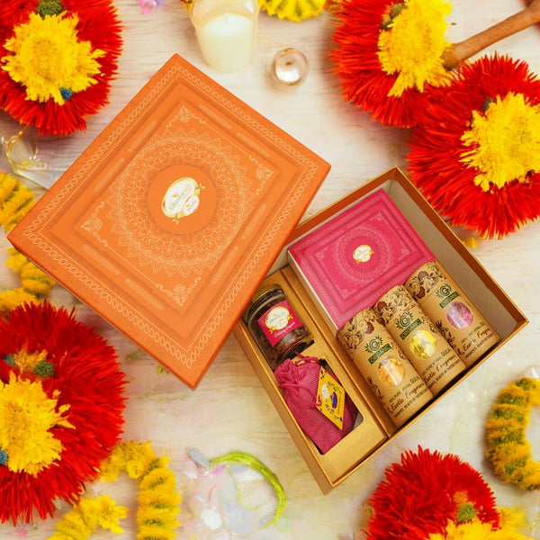 Holi Sweets| Holi Hampers| Holi Gifts-Orange Hamper Box of Gujiyas, Sweets/ Bites, Dryfruits, Thandai and Organic Gulal
