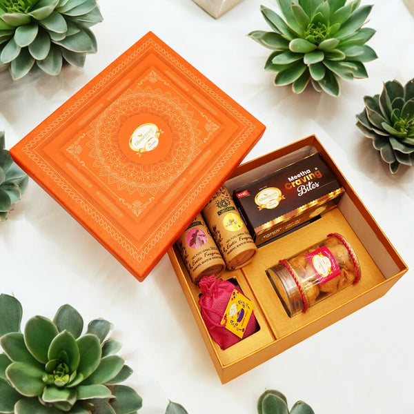 Holi Sweets| Holi Hampers| Holi Gifts-Orange Hamper Box of Gujiyas, Sweets/ Bites, Dryfruits, Thandai and Organic Gulal