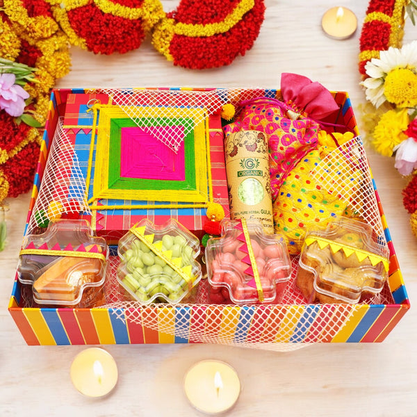 Holi Sweets| Holi Hampers| Holi Gifts-Premium Holi Basket of Gujiyas, Sweets/ Bites, Namkeen, Dryfruits, Thandai and Organic Gulal