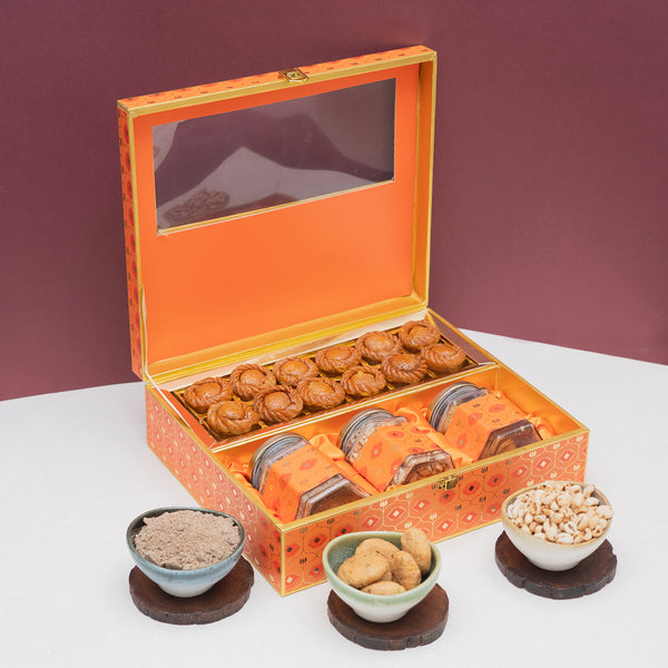 Orange Print Mini Chandrakala, Gujiya, Thandai, Namkeen Box