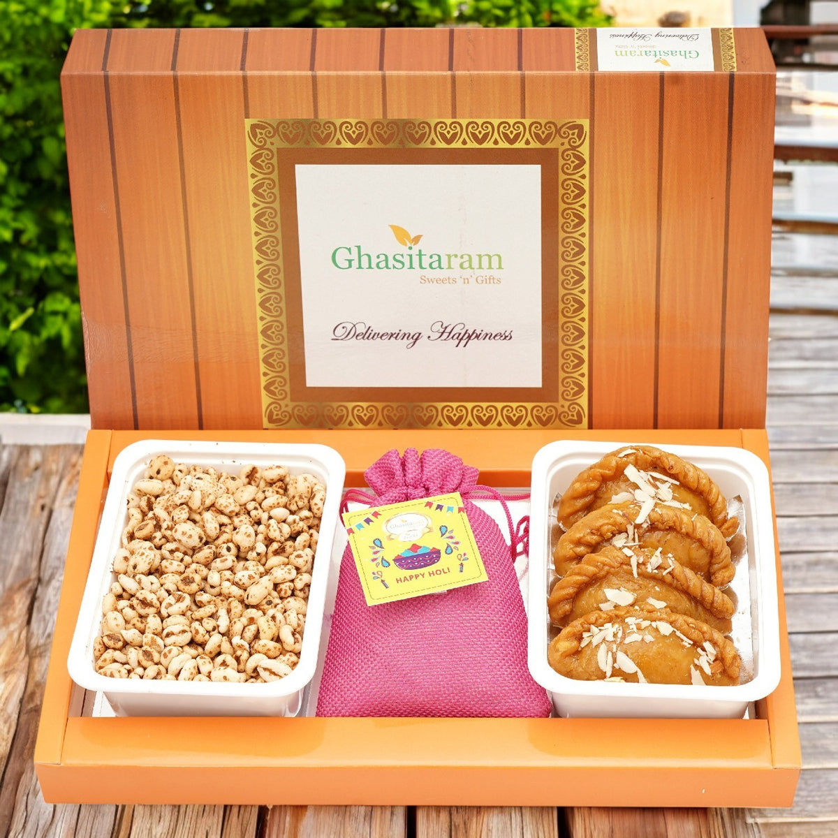 Assorted Box of Sugarfree Gujiyas, Wheat Puffs and Thandai