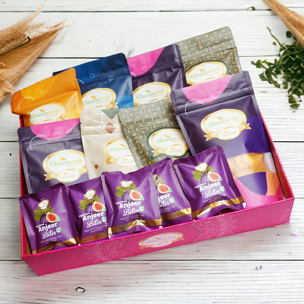 Ghasitaram Big Hamper Basket of 8 Roasted Namkeens and Sugarfree Bites