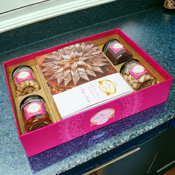 Ghasitaram Big Hamper Tray of Kaju Katlis, Crunchy Cashew, Paan Raisins, Choco Almonds, and Pistachios