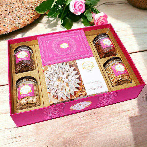 Ghasitaram Big Hamper Tray of Kaju Katlis, Milk Cake, Crunchy Cashew, Paan Raisins, Choco Almonds, and Pistachios
