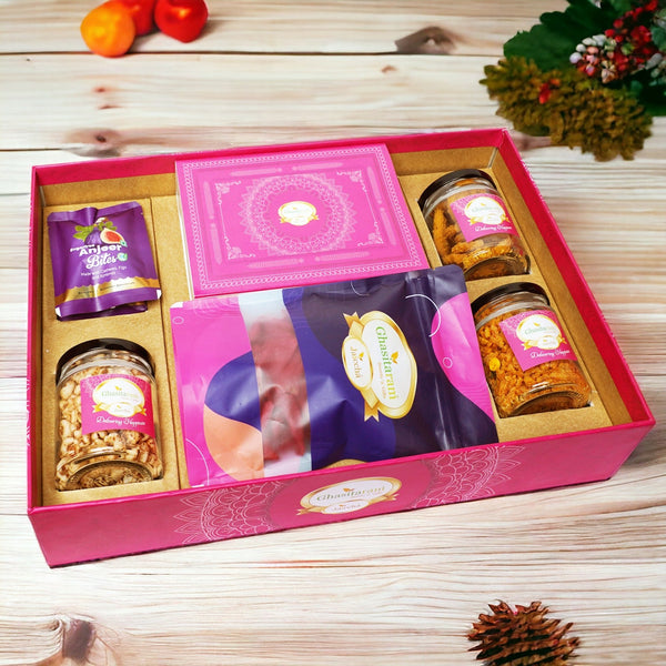 Ghasitaram Big Hamper Tray of Sugarfree Kaju Katlis, Sugarfree Peda, Sugarfree Bites, Wheat Puffs, Moong Chakli, Roasted Chiwda