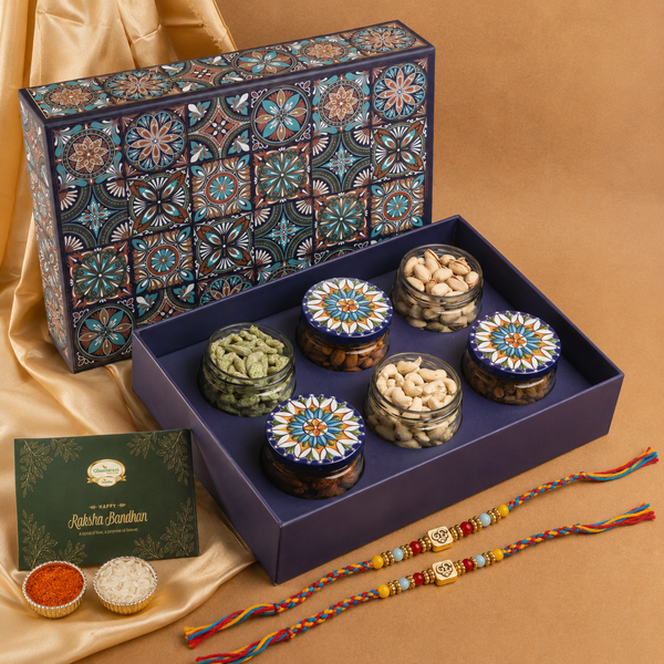 Dry Fruit Gift Box with 6 Jars with 2 Rakhis
