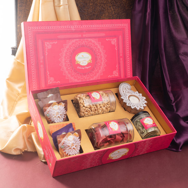 Diwali Gifts-Pink Hamper Box of mithai/ sweet pouches, namkeen, dryfruit and t-light