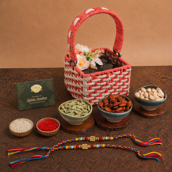 Pink Woven Basket with dryfruit Jars with 2 Rakhis