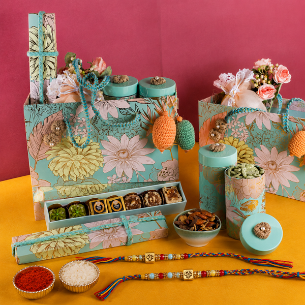 Flower Hamper Basket of dryfruit With 2 Rakhis