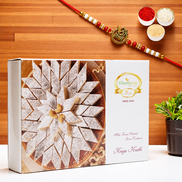 Rakhi Gifts Sweets-Ghasitarams Pure Kaju Katlis Box with Om Rakhi