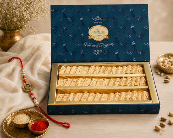 Rakhi Gifts Sweets-Ghasitarams Pure Kaju Katlis Box with Om Rakhi