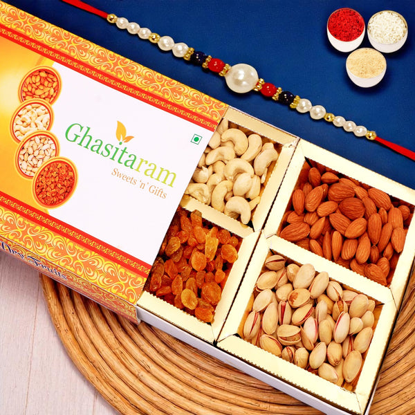 Rakhi Dryfruits- Ghasitaram's Orange Dryfruit Box with Rakhi