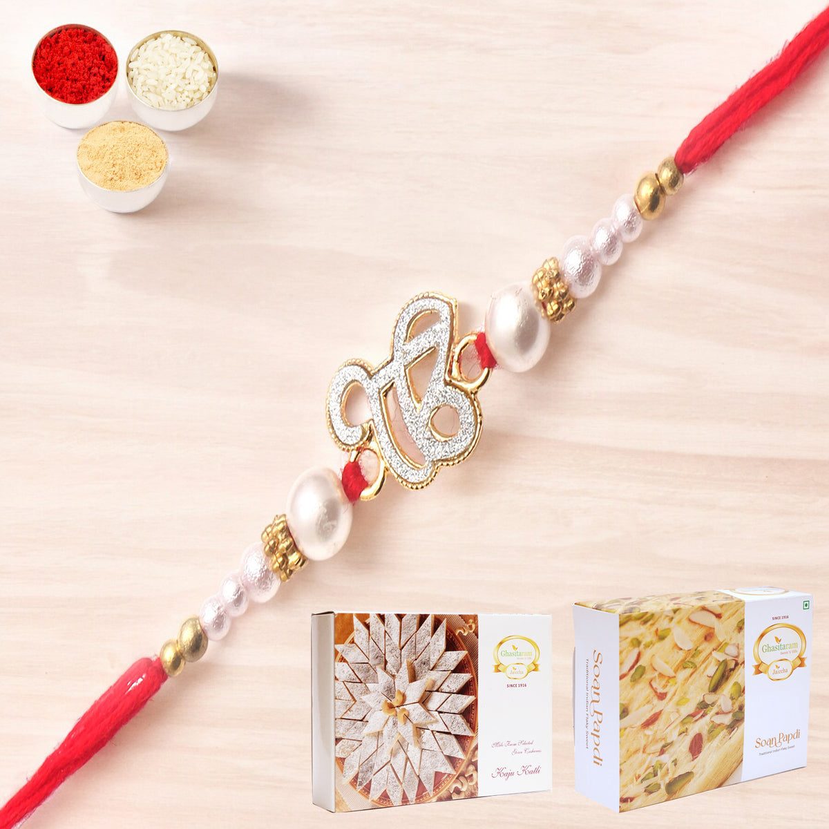 The Sparkle Of Wahegurujis Love For My Brother rakhi with 200 gms of Kaju katli and 200 gms of Soan Papdi