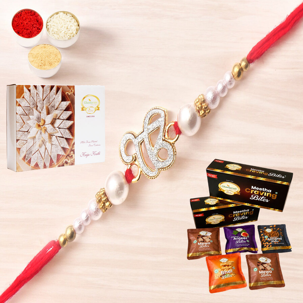 The Sparkle Of Wahegurujis Love For My Brother rakhi with Asorted bites box and 200 gms of Kaju katli