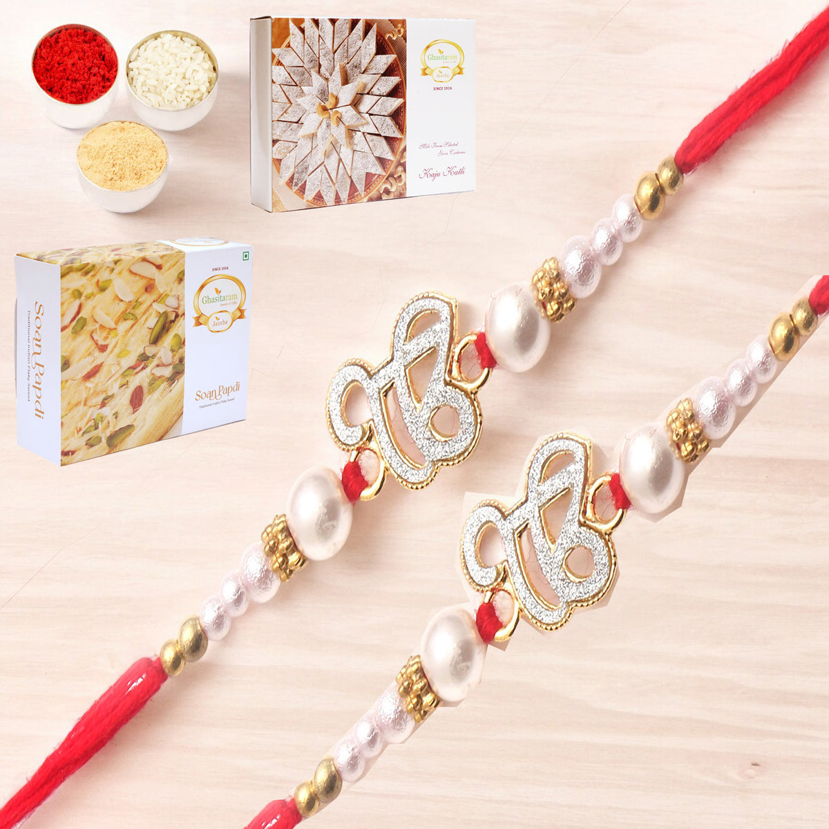 Set of 2 - The Sparkle Of Wahegurujis Love For My Brother rakhi with 200 gms of Kaju katli and 200 gms of Soan Papdi