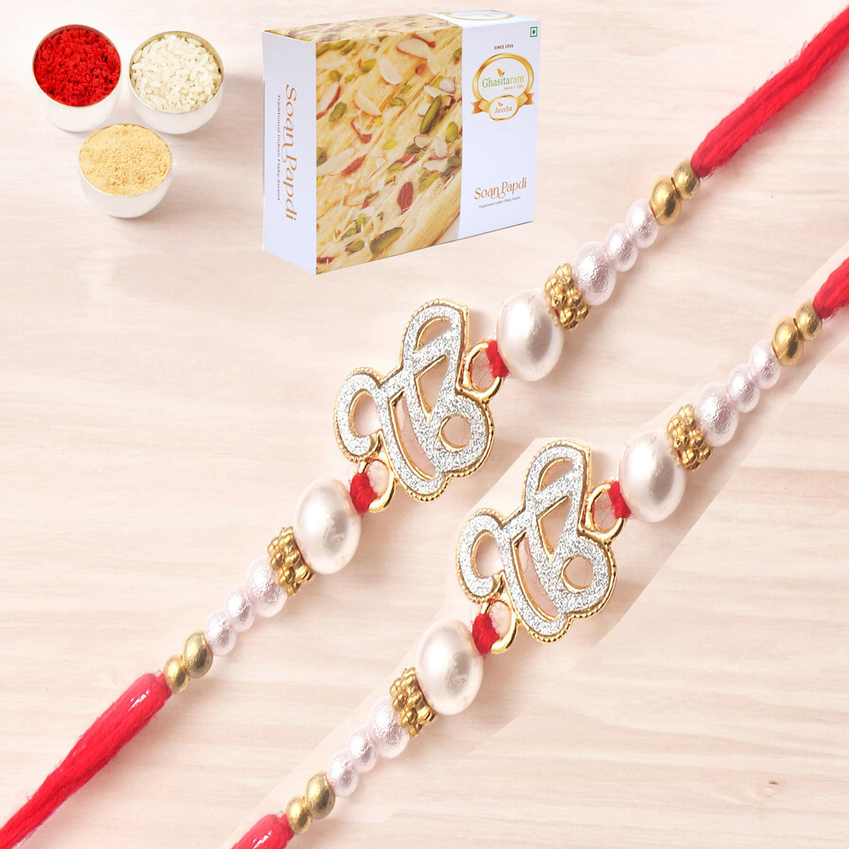 Set of 2 - The Sparkle Of Wahegurujis Love For My Brother rakhi with 400 gms of Soan Papdi