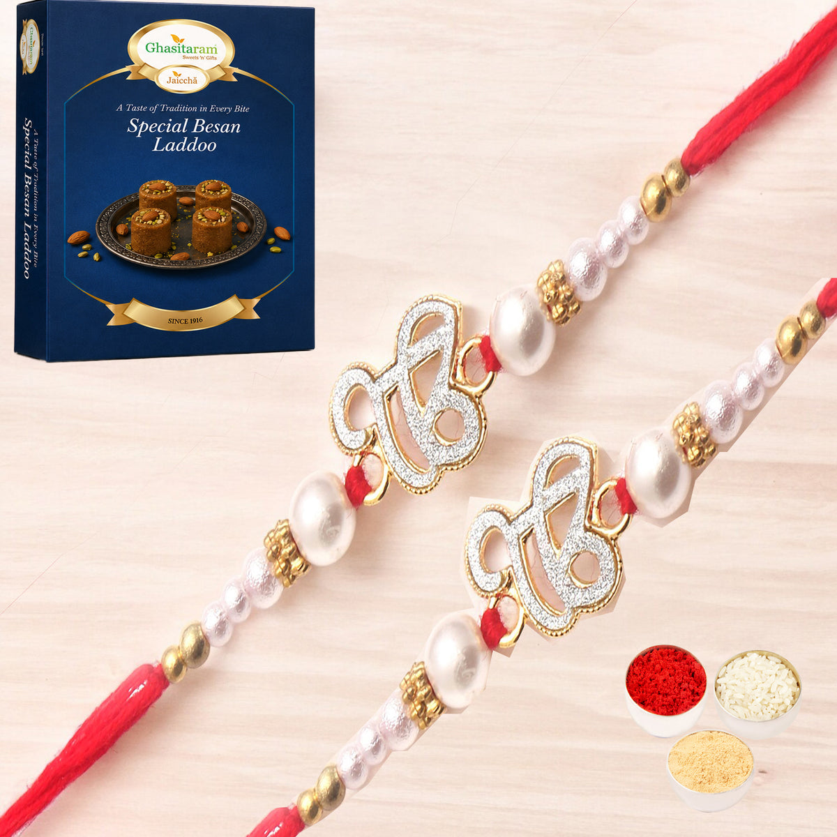 Set of 2 - The Sparkle Of Wahegurujis Love For My Brother rakhi with 200 gms of Besan Laddoo
