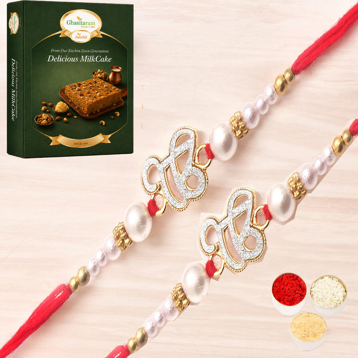 Set of 2 - The Sparkle Of Wahegurujis Love For My Brother rakhi with 200 gms of Milk Cake