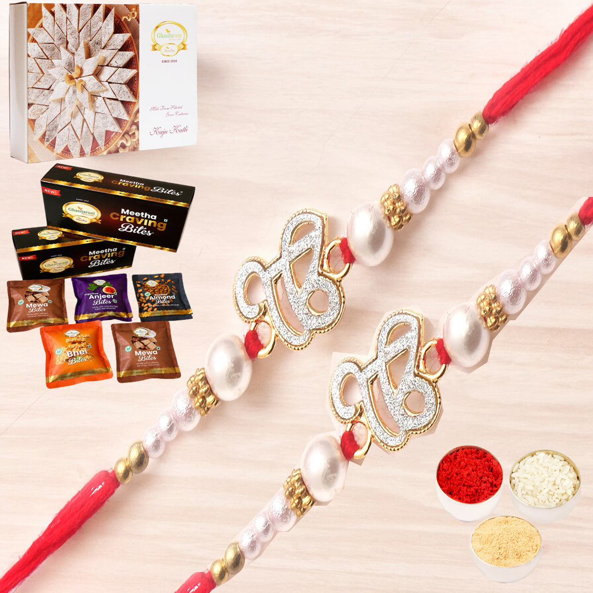 Set of 2 The Sparkle Of Wahegurujis Love For My Brother rakhi with Asorted bites box and 200 gms of Kaju katli