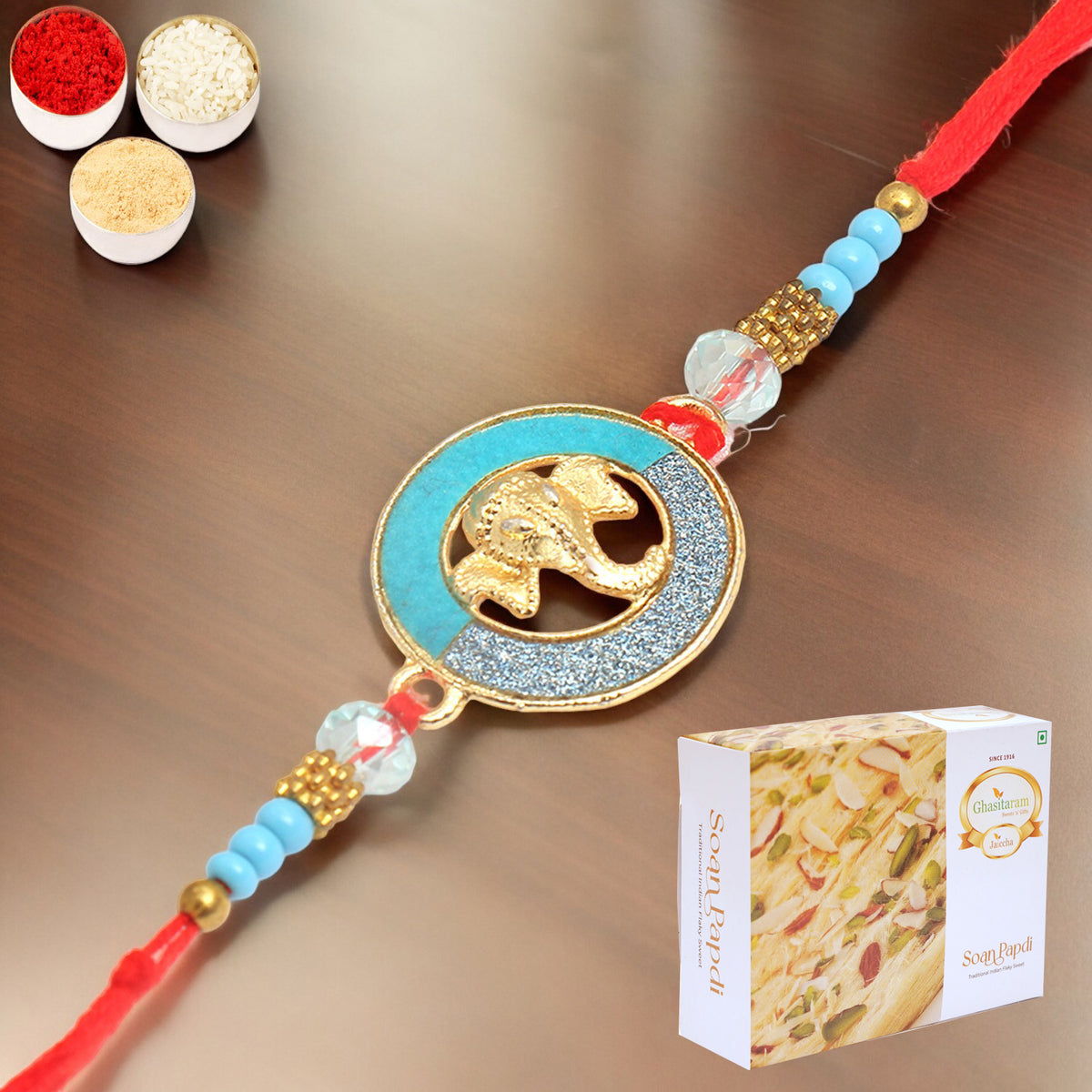 The Riddhi Siddhi Ganpati Blessings for my Brother Rakhi with 400 gms of Soan Papdi