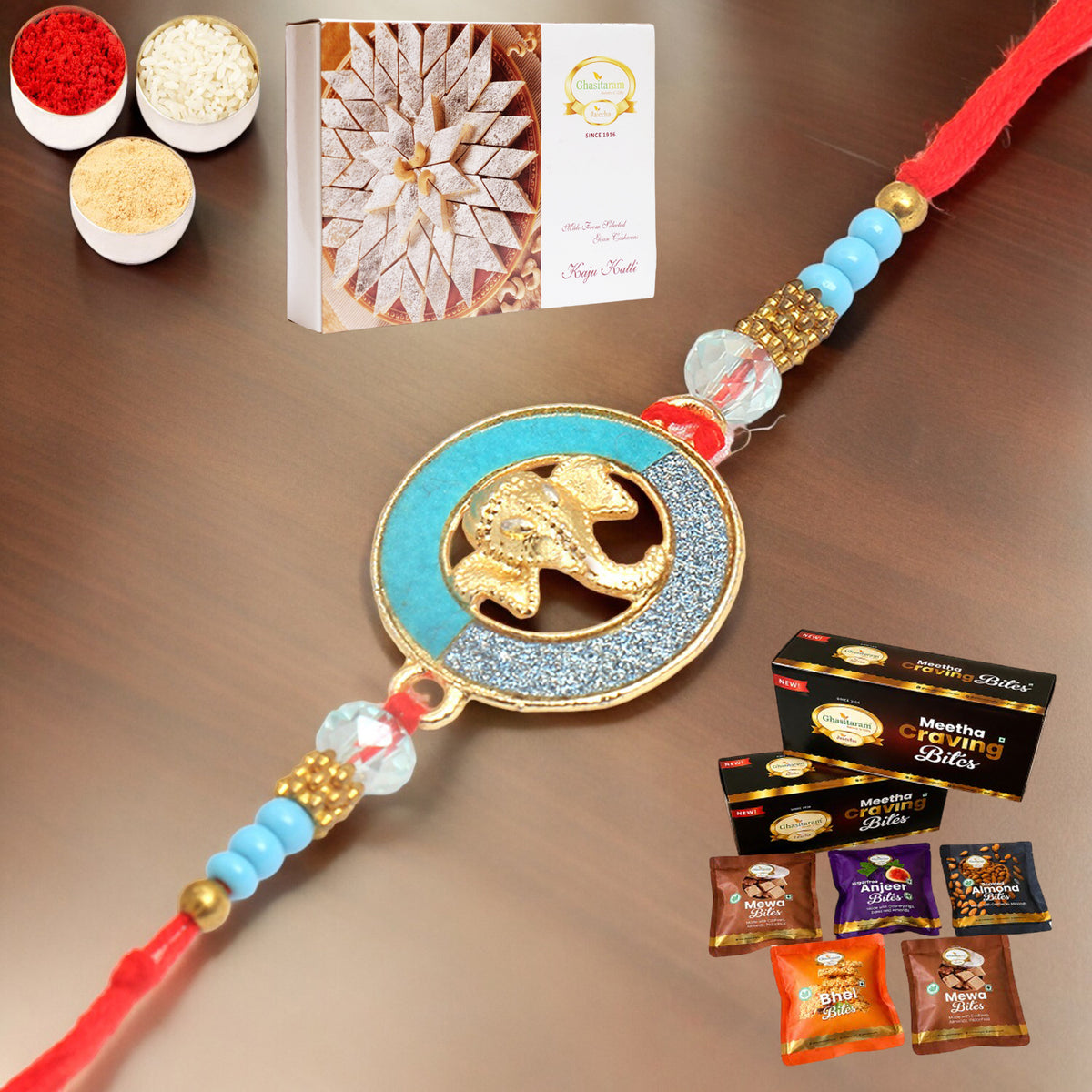 The Riddhi Siddhi Ganpati Blessings for my Brother Rakhi with Asorted bites box and 200 gms of Kaju katli
