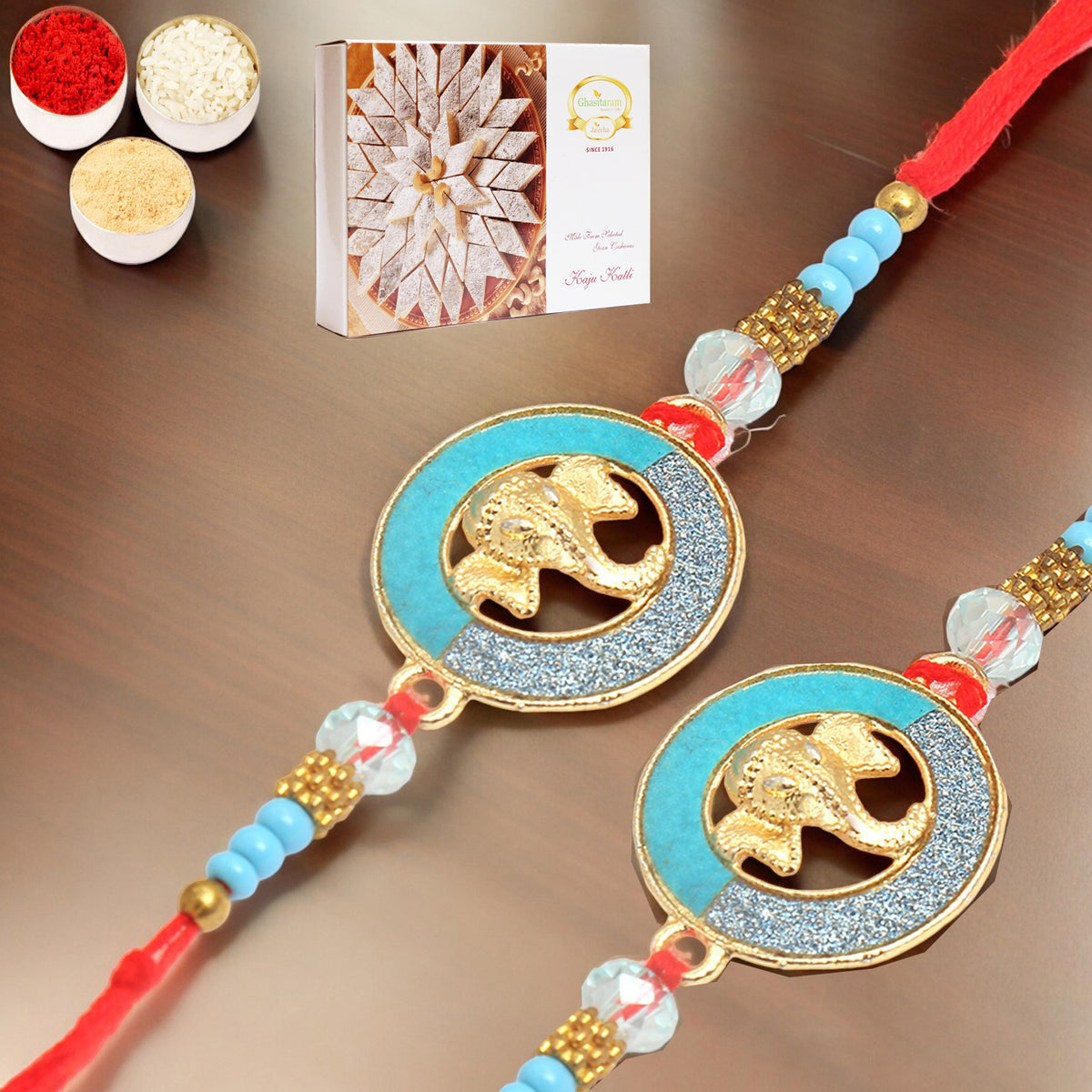 Set of 2 The Riddhi Siddhi Ganpati Blessings for my Brother Rakhi with 400 gms of Kaju katli
