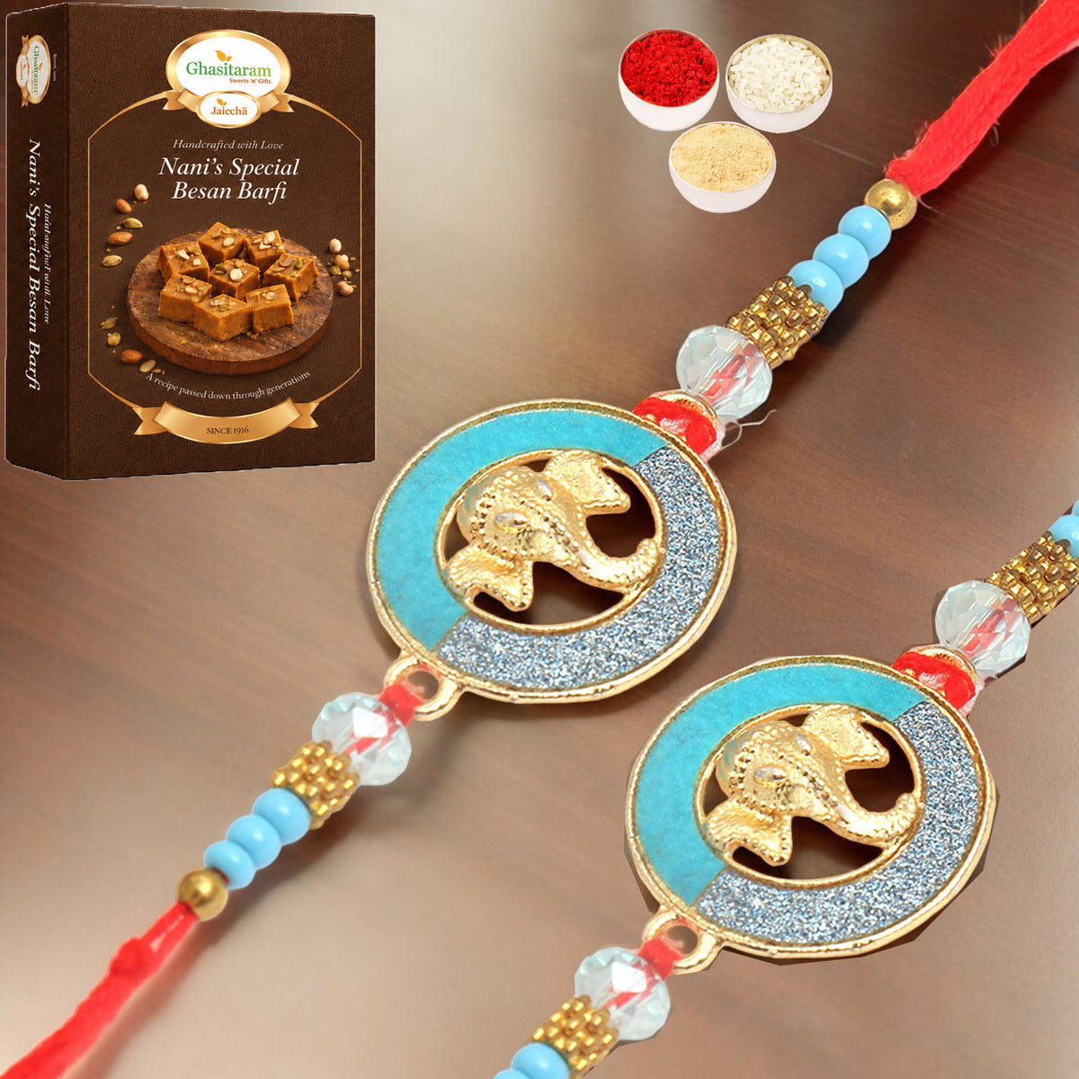 Set of 2 - The Riddhi Siddhi Ganpati Blessings for my Brother Rakhi with 200 gms of Besan Barfi