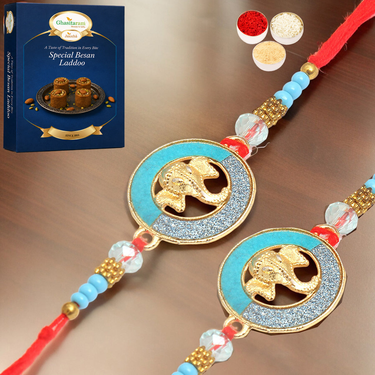 Set of 2 - The Riddhi Siddhi Ganpati Blessings for my Brother Rakhi with 200 gms of Besan Laddoo