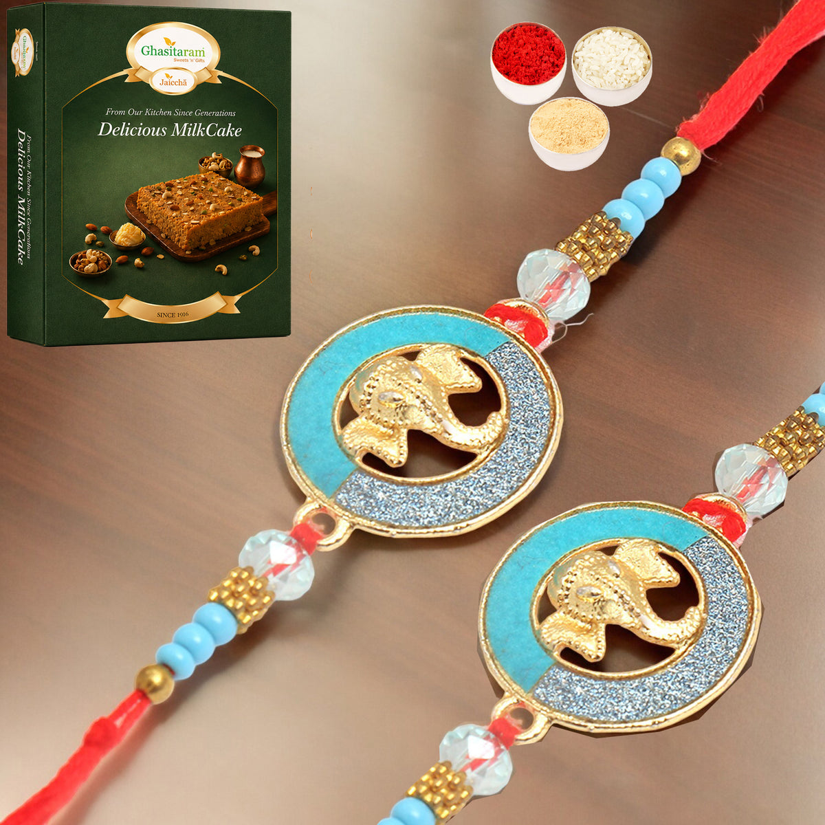 Set of 2 - The Riddhi Siddhi Ganpati Blessings for my Brother Rakhi with 200 gms of Milk Cake