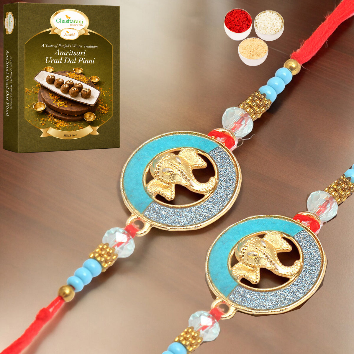 Set of 2 - The Riddhi Siddhi Ganpati Blessings for my Brother Rakhi with 200 gms of Pinni