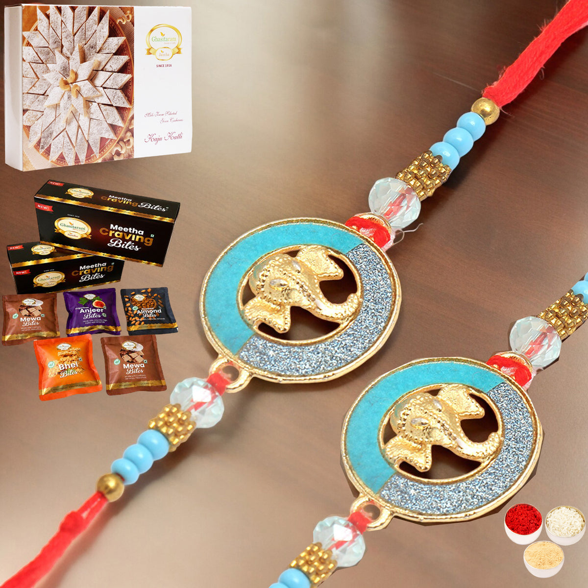 Set of 2 The Riddhi Siddhi Ganpati Blessings for my Brother Rakhi with Asorted bites box and 200 gms of Kaju katli