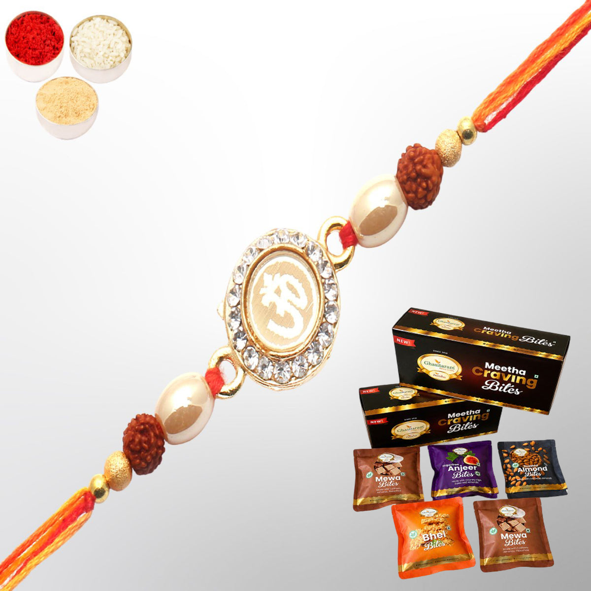 Om The Mystique of Truth Rakhi with Asorted bites box