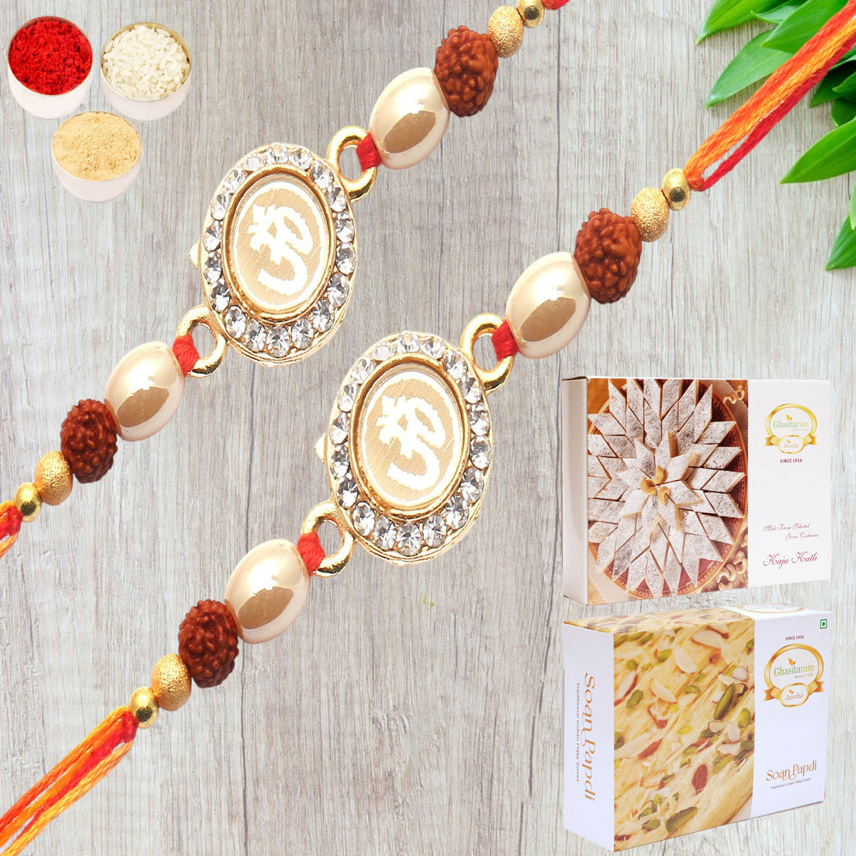 Set of 2 Om The Mystique of Truth Rakhi with 200 gms of Kaju katli and 200 gms of Soan Papdi