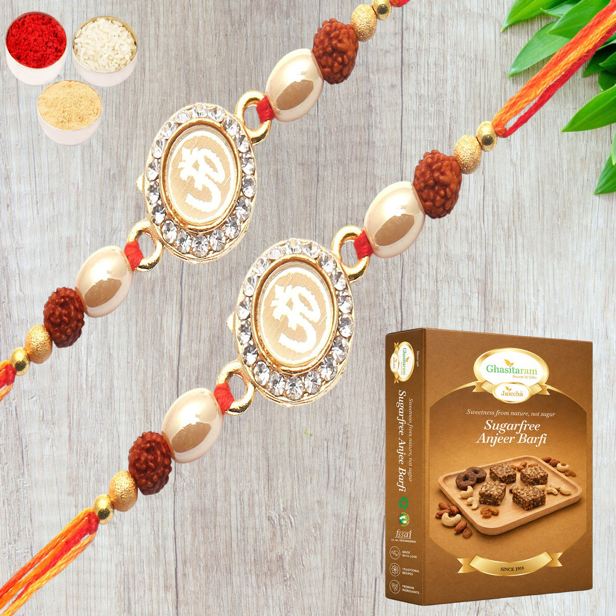 Set of 2 - Om The Mystique of Truth Rakhi with 200 gms of Sugarfree Anjeer Barfi