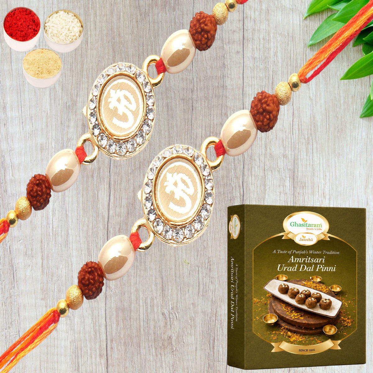 Set of 2 - Om The Mystique of Truth Rakhi with 200 gms of Pinni