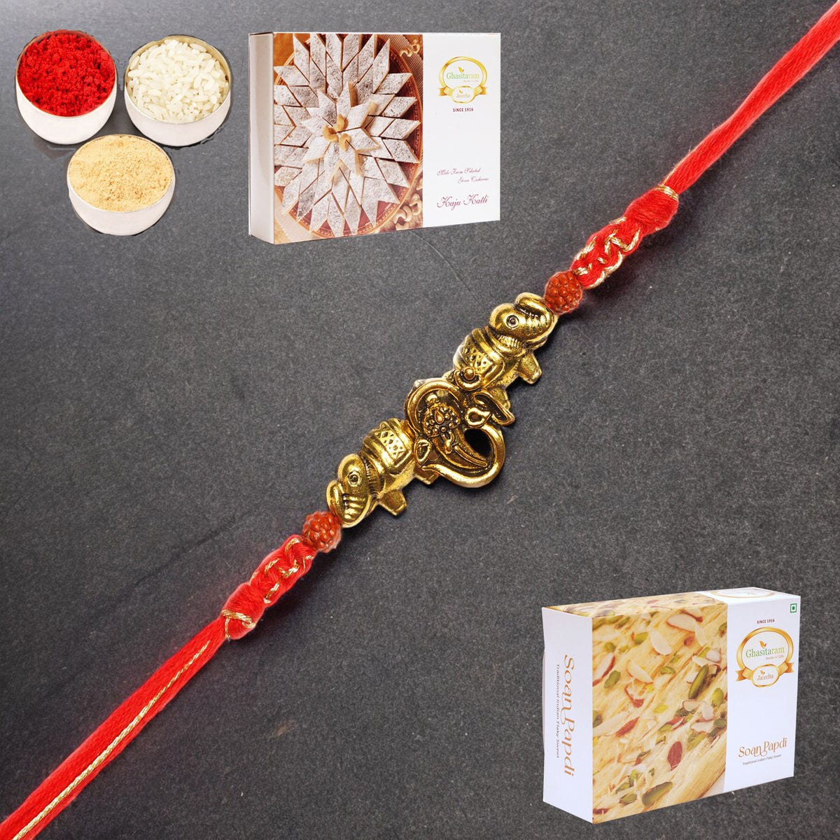 LD-84 Om Ganesha Rakhi with 200 gms of Kaju katli and 200 gms of Soan Papdi