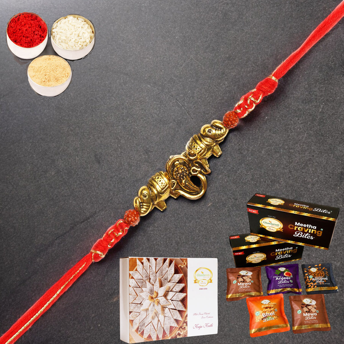 LD-84 Om Ganesha Rakhi with Asorted bites box and 200 gms of Kaju katli