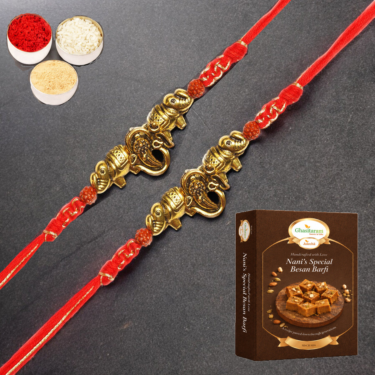 Set of 2 - LD-84 Om Ganesha Rakhi with 200 gms of Besan Barfi