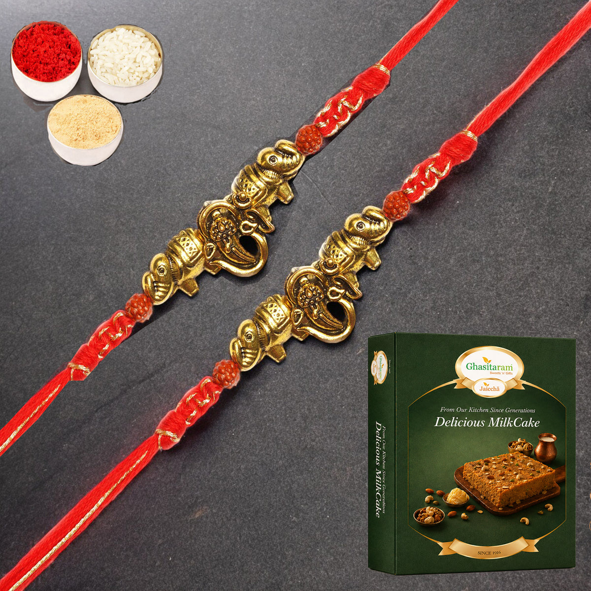 Set of 2 - LD-84 Om Ganesha Rakhi with 200 gms of Milk Cake